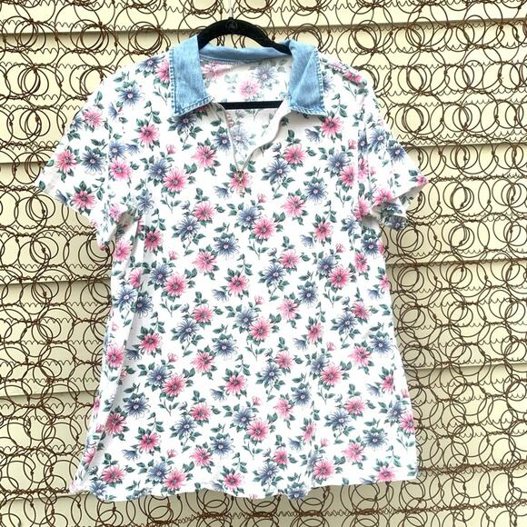 Vintage 90s floral denim collared T-shirt - Picture 1 of 3